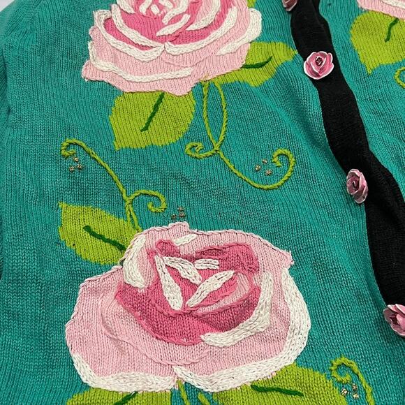 ★ Storybook Knits Vintage Floral Knit 3D Rose Button-Up Cardigan Sweater ★ - Picture 2 of 6